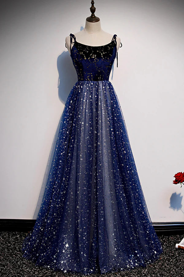 Wholesale Blue Velvet Tulle Long A-Line Prom Dress Blue Spaghetti Straps Evening Dress